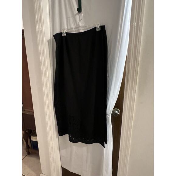 Katherine Kelly Black Irish Linen True Wrap Midi Skirt Floral Cutout Bottom 16 - Picture 1 of 8